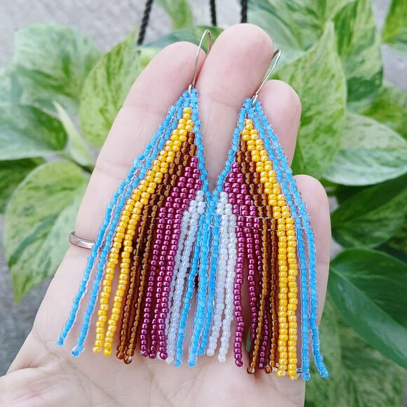 Retro Beaded Fringe Cascade Dangle Earrings, Boho Statement Artisan, 3.5" - Picture 3 of 7